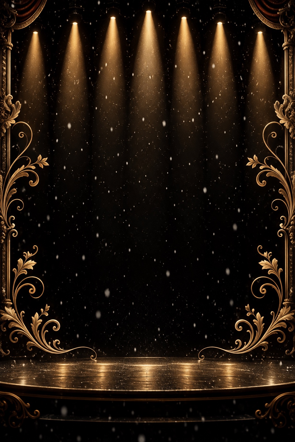 Palco negro com sete focos dourados e neve