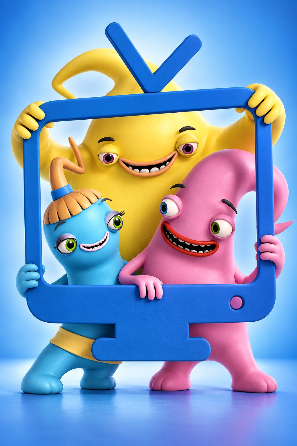 Três personagens animadas dentro de uma moldura de televisão azul